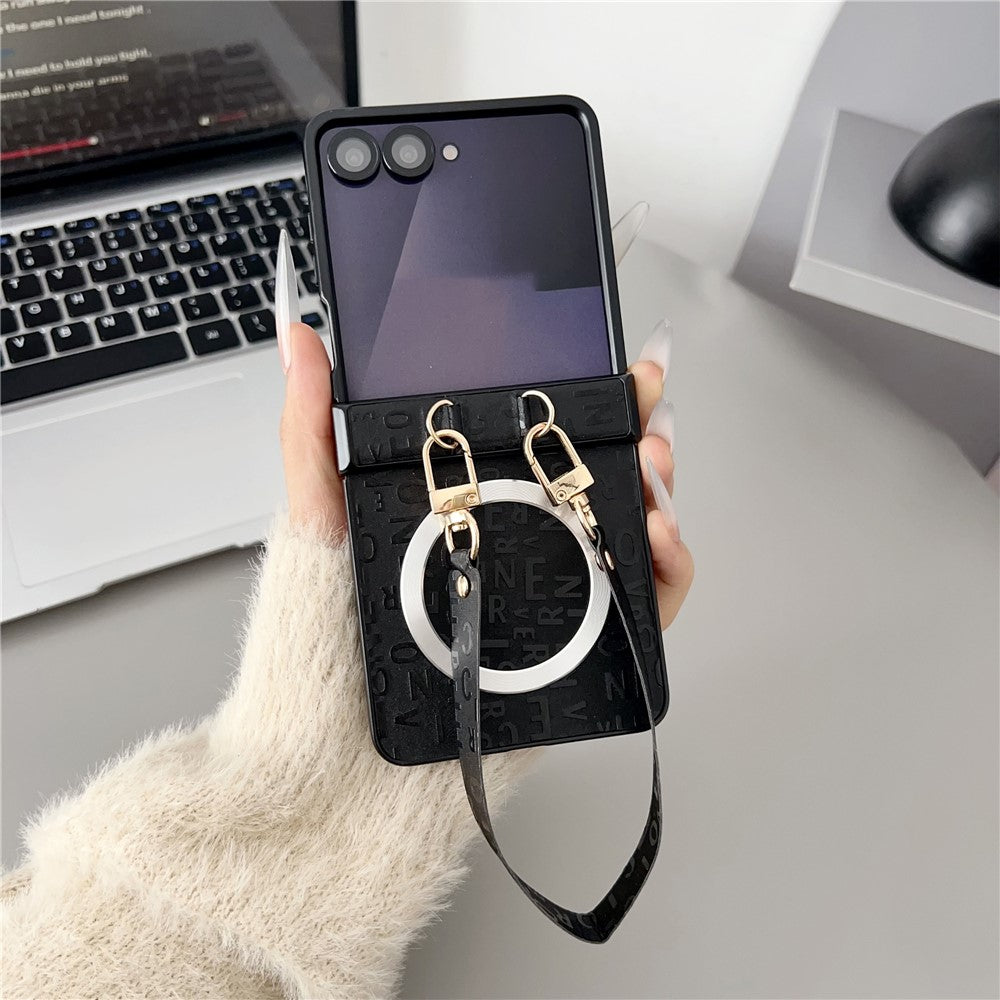 For Samsung Galaxy Z Flip7 5G Magnetic Case Letter Pattern Leather + PC Foldable Phone Cover with Lanyard