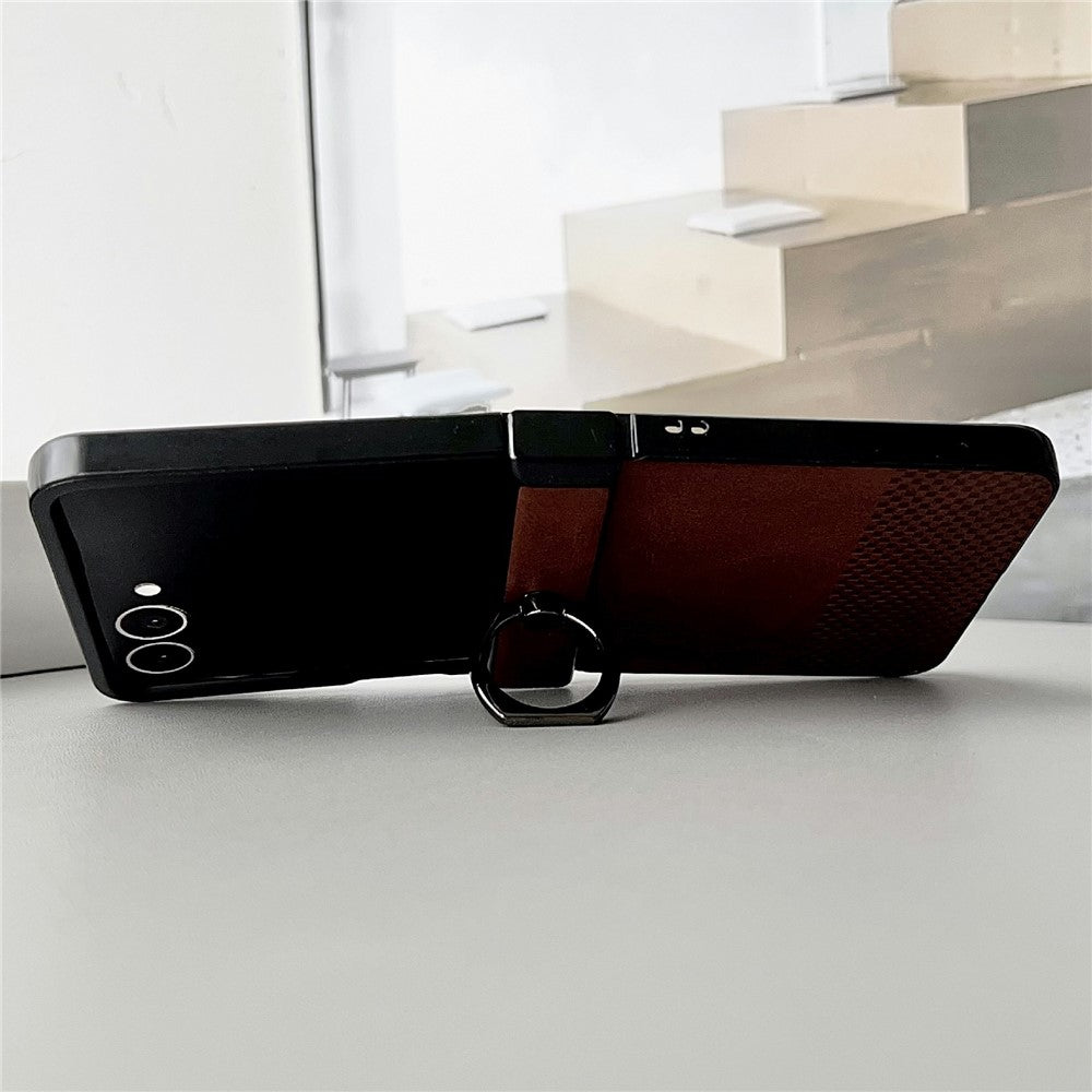 For Samsung Galaxy Z Flip7 5G Case Plaid Grid Pattern Leather + PC Foldable Phone Cover with Ring Kickstand