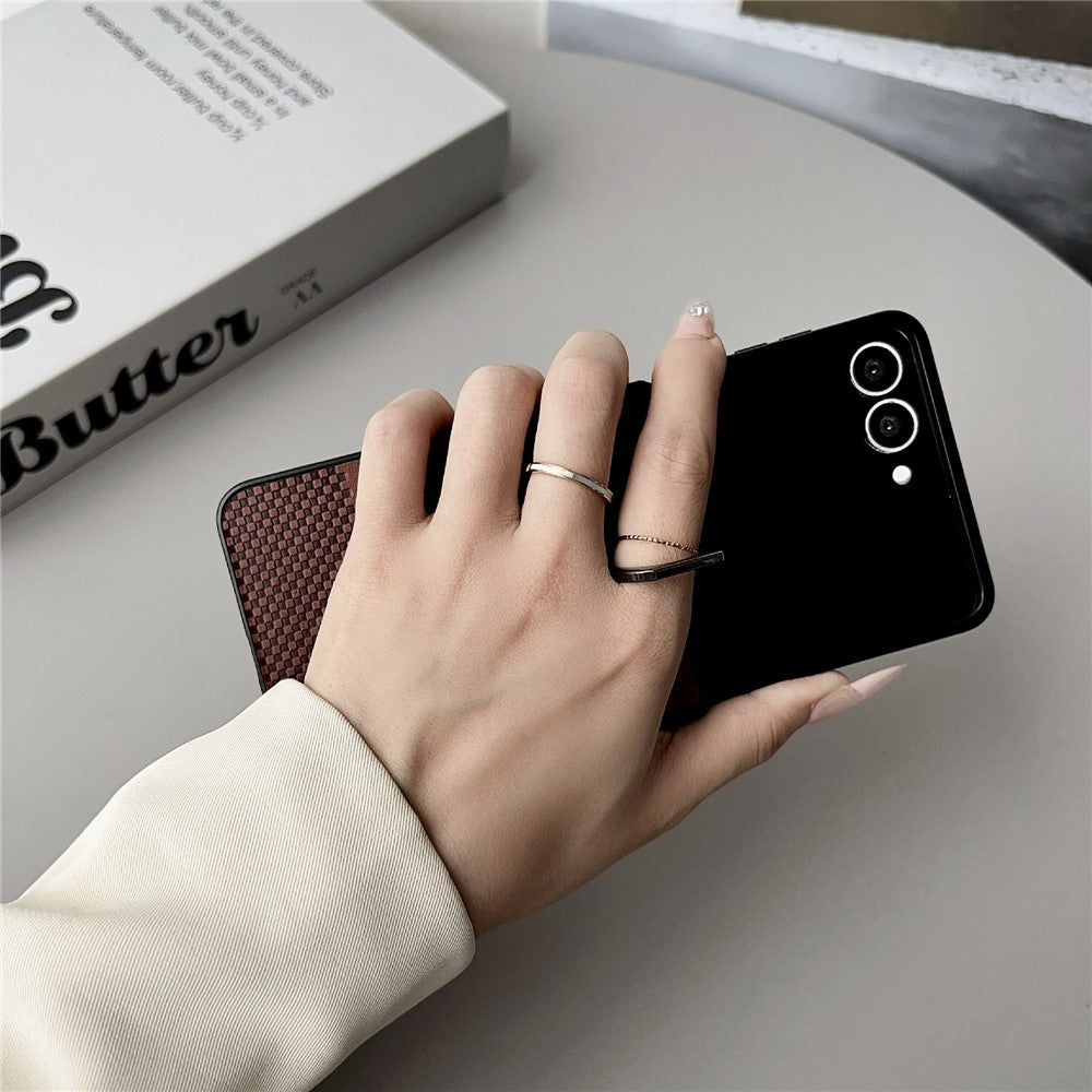 For Samsung Galaxy Z Flip7 5G Case Plaid Grid Pattern Leather + PC Foldable Phone Cover with Ring Kickstand