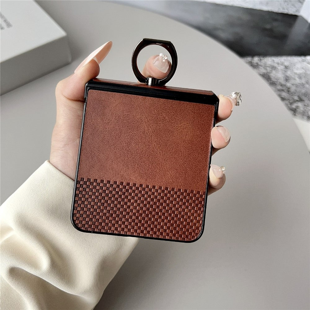 For Samsung Galaxy Z Flip7 5G Case Plaid Grid Pattern Leather + PC Foldable Phone Cover with Ring Kickstand