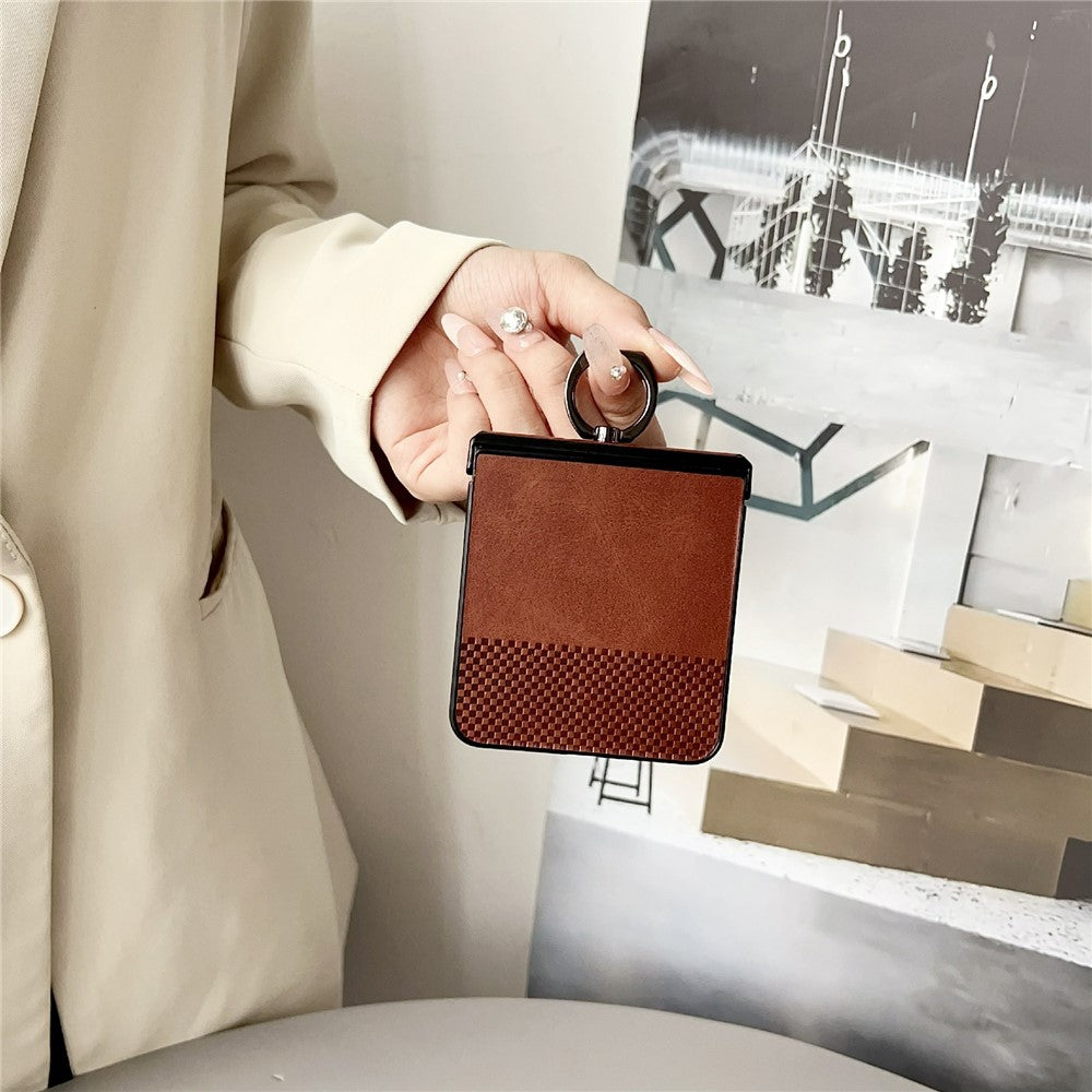 For Samsung Galaxy Z Flip7 5G Case Plaid Grid Pattern Leather + PC Foldable Phone Cover with Ring Kickstand