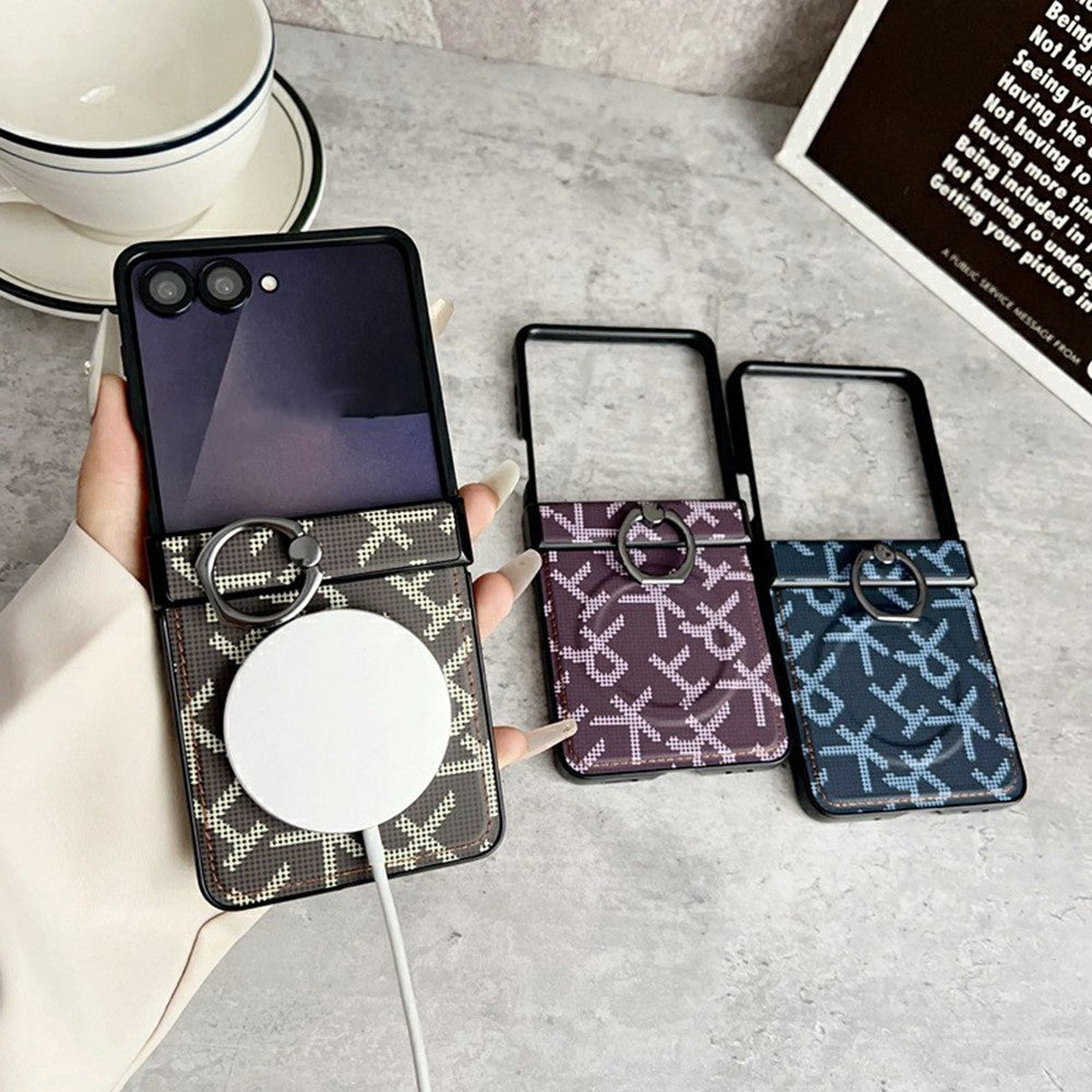 For Samsung Galaxy Z Flip8 Magnetic Case Pixelated Letter Pattern Leather + PC Folding Phone Cover with Ring Kickstand