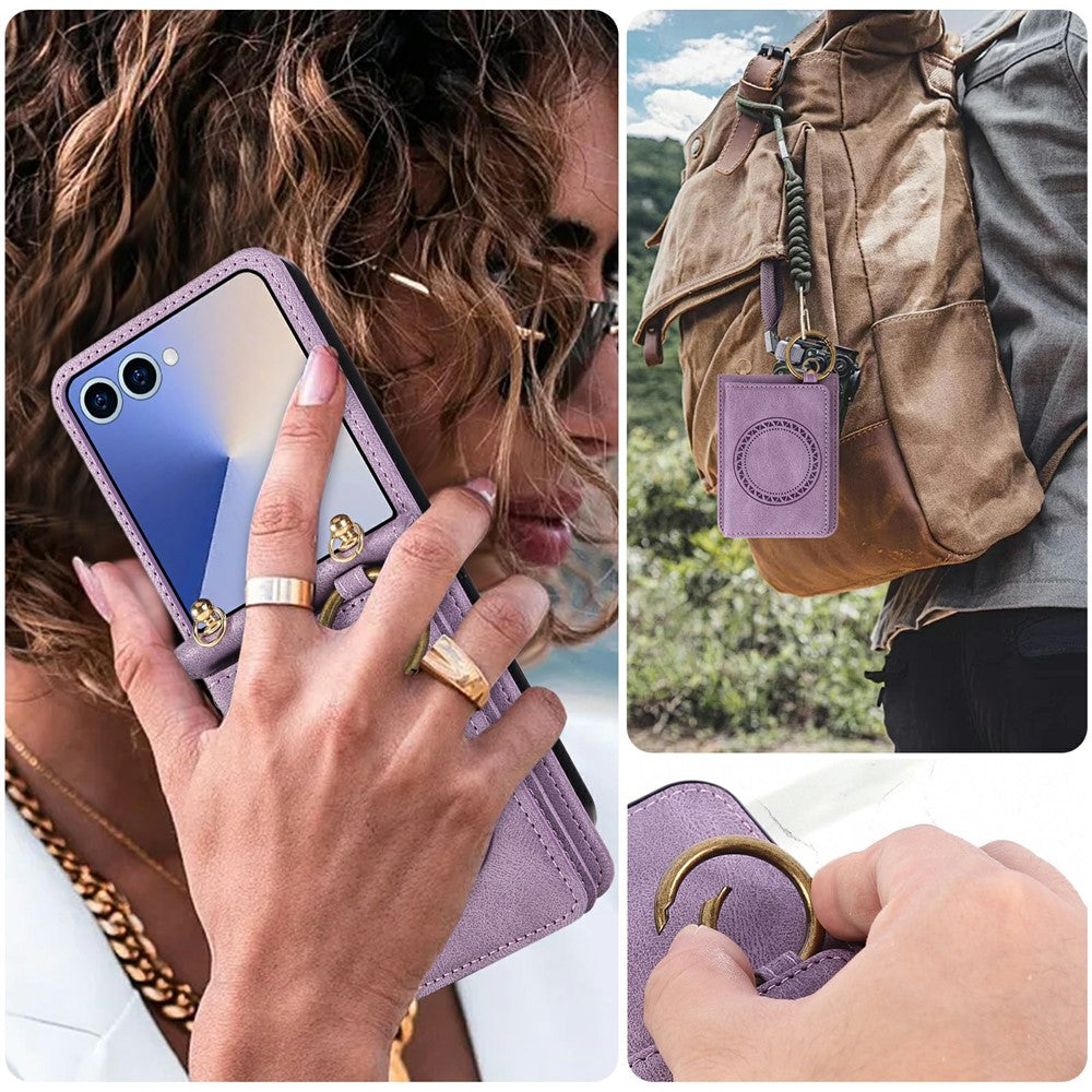 For Samsung Galaxy Z Flip8 Case Card Holder Ring Kickstand Leather + PC Phone Cover