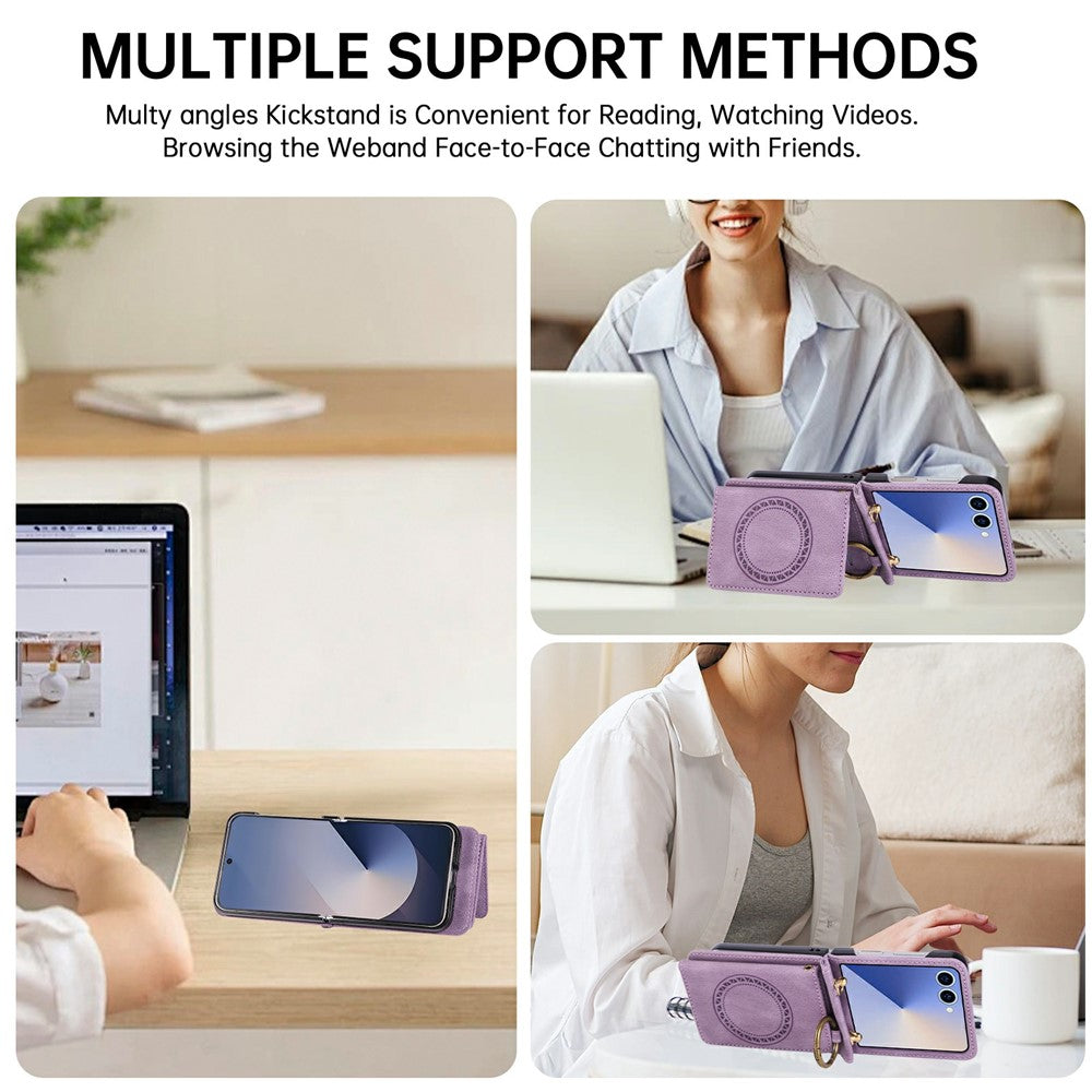 For Samsung Galaxy Z Flip8 Case Card Holder Ring Kickstand Leather + PC Phone Cover