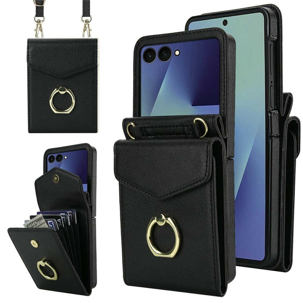 For Samsung Galaxy Z Flip8 Case Litchi Texture PU Leather + TPU Phone Cover with Shoulder Strap