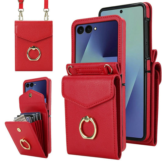 Galaxy Z Flip8 – Handyhülle aus PU-Leder und TPU, mit Kartenfach, mit Schulterriemen