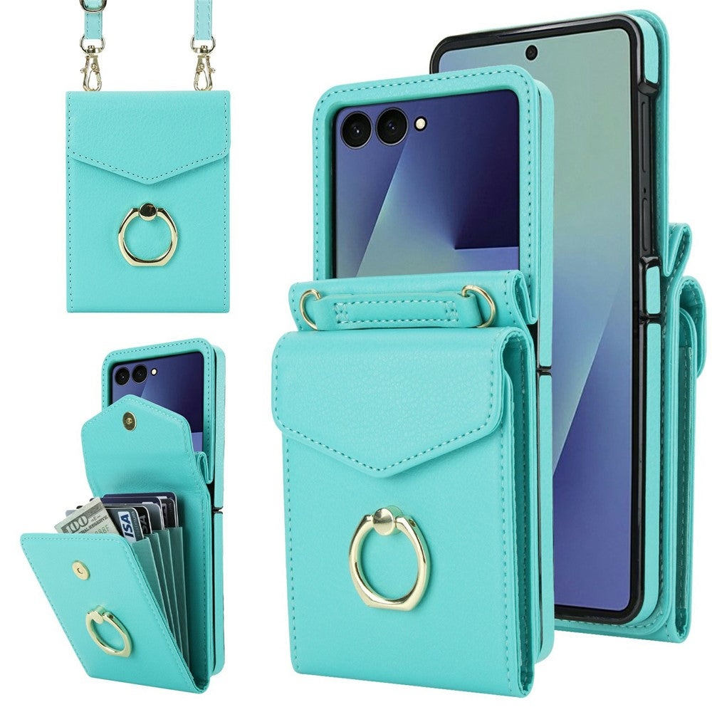 For Samsung Galaxy Z Flip8 Case Litchi Texture PU Leather + TPU Phone Cover with Shoulder Strap