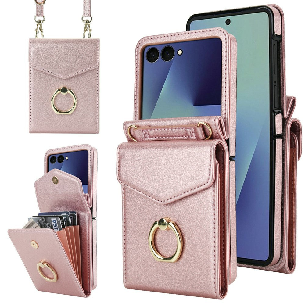 For Samsung Galaxy Z Flip8 Case Litchi Texture PU Leather + TPU Phone Cover with Shoulder Strap