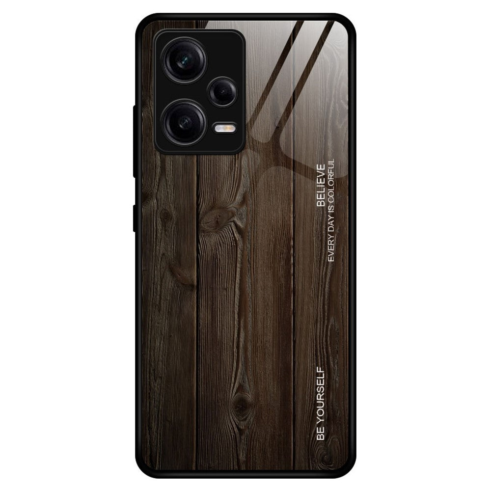 For Xiaomi Redmi Note 12 Pro 5G PU Leather Stand Wallet Cover with Strap Shock-absorbing Back Protector Wooden Pattern Tempered Glass Shell Phone Case TPU Frame Protective Cover