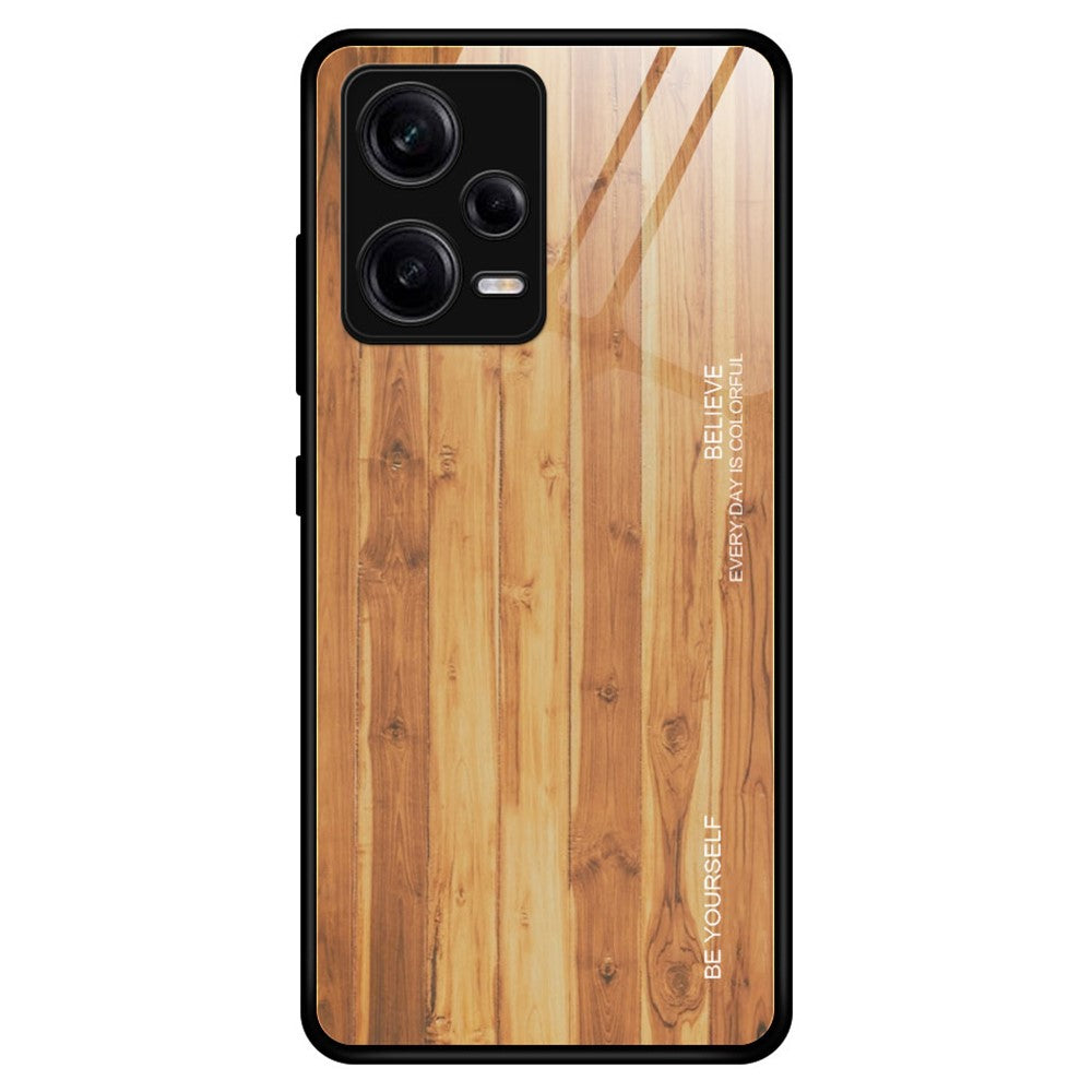 For Xiaomi Redmi Note 12 Pro 5G PU Leather Stand Wallet Cover with Strap Shock-absorbing Back Protector Wooden Pattern Tempered Glass Shell Phone Case TPU Frame Protective Cover