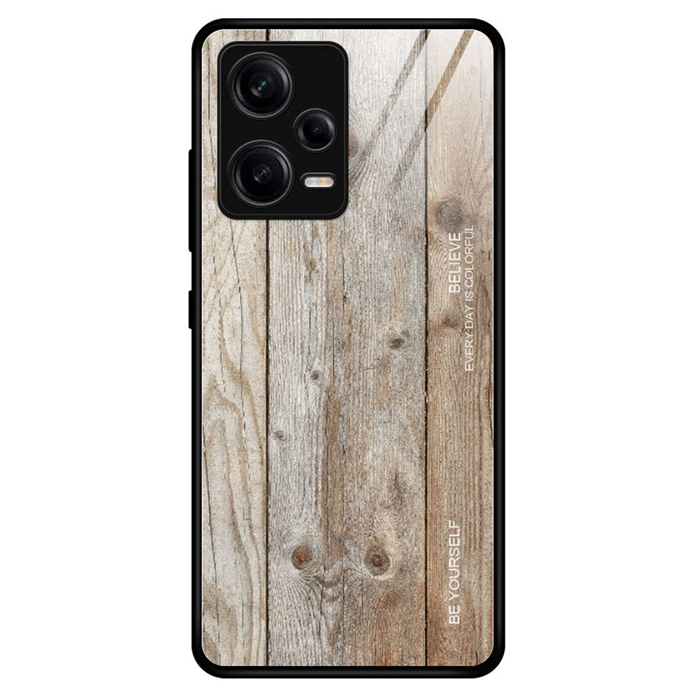 For Xiaomi Redmi Note 12 Pro 5G PU Leather Stand Wallet Cover with Strap Shock-absorbing Back Protector Wooden Pattern Tempered Glass Shell Phone Case TPU Frame Protective Cover