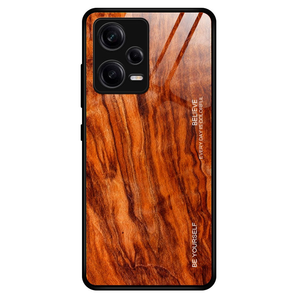 For Xiaomi Redmi Note 12 Pro 5G PU Leather Stand Wallet Cover with Strap Shock-absorbing Back Protector Wooden Pattern Tempered Glass Shell Phone Case TPU Frame Protective Cover
