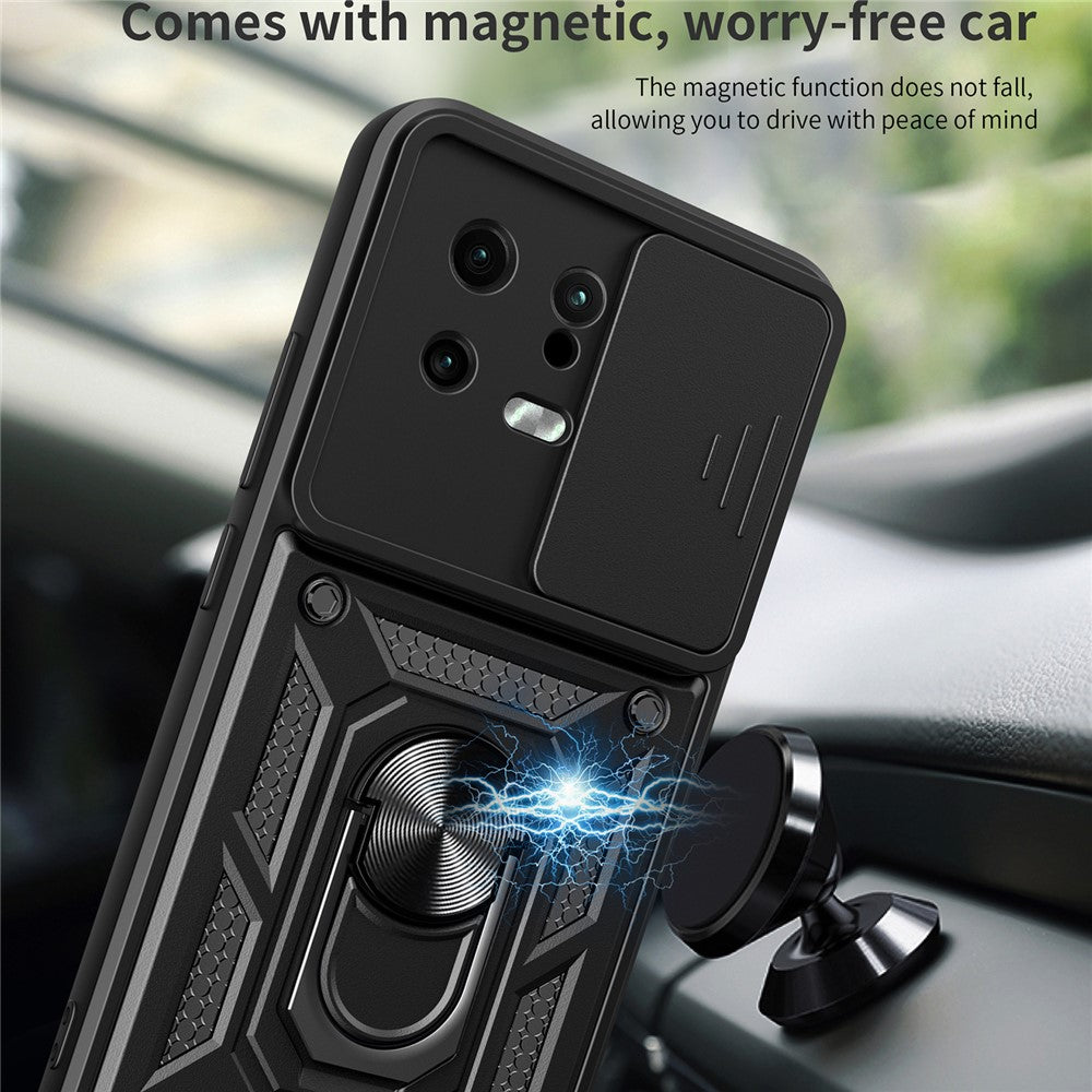 For Xiaomi 13 5G Ring Holder Kickstand PC + TPU Hybrid Case Anti-drop Phone Cover with Slide Camera Protection
