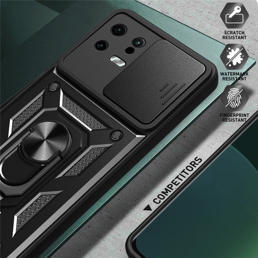 For Xiaomi 13 5G Ring Holder Kickstand PC + TPU Hybrid Case Anti-drop Phone Cover with Slide Camera Protection