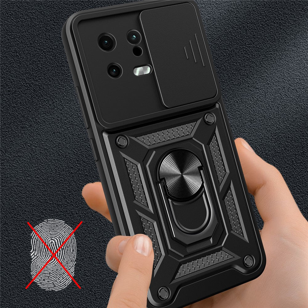 For Xiaomi 13 5G Ring Holder Kickstand PC + TPU Hybrid Case Anti-drop Phone Cover with Slide Camera Protection