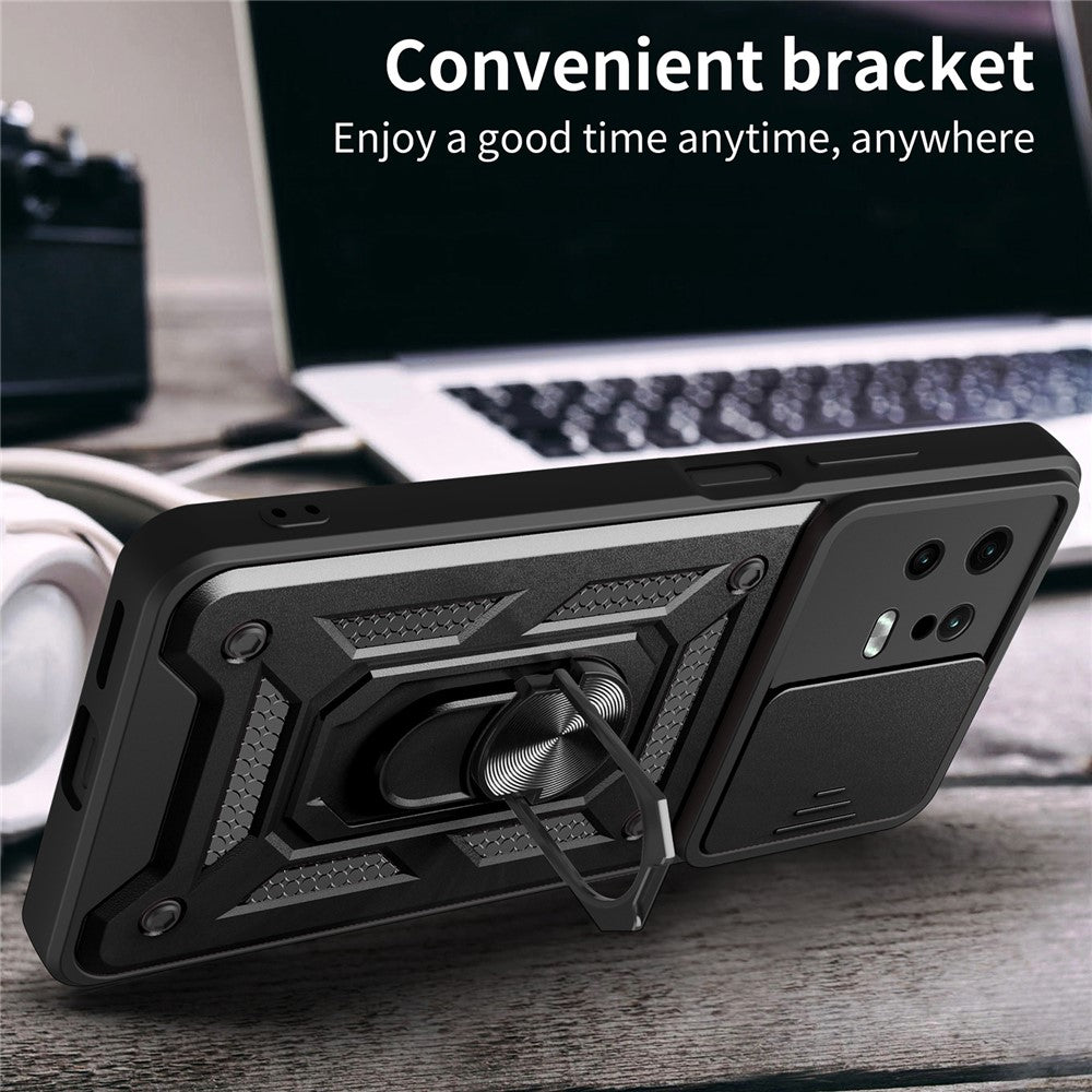 For Xiaomi 13 5G Ring Holder Kickstand PC + TPU Hybrid Case Anti-drop Phone Cover with Slide Camera Protection