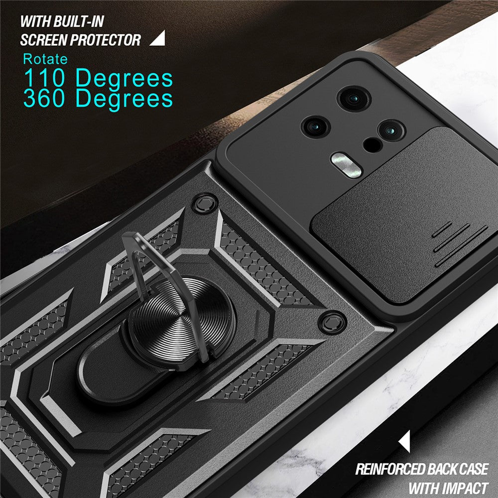 For Xiaomi 13 5G Ring Holder Kickstand PC + TPU Hybrid Case Anti-drop Phone Cover with Slide Camera Protection