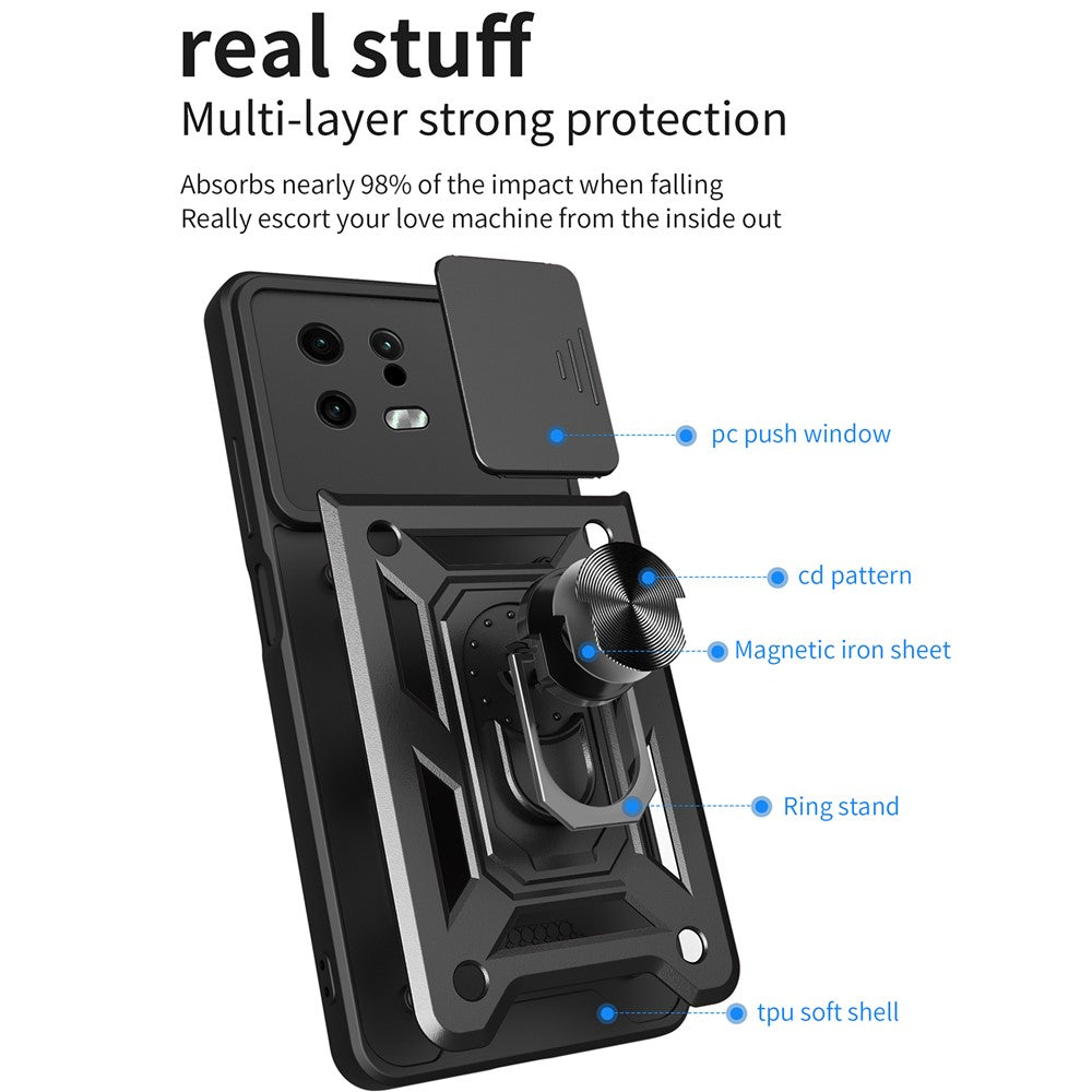 For Xiaomi 13 5G Ring Holder Kickstand PC + TPU Hybrid Case Anti-drop Phone Cover with Slide Camera Protection