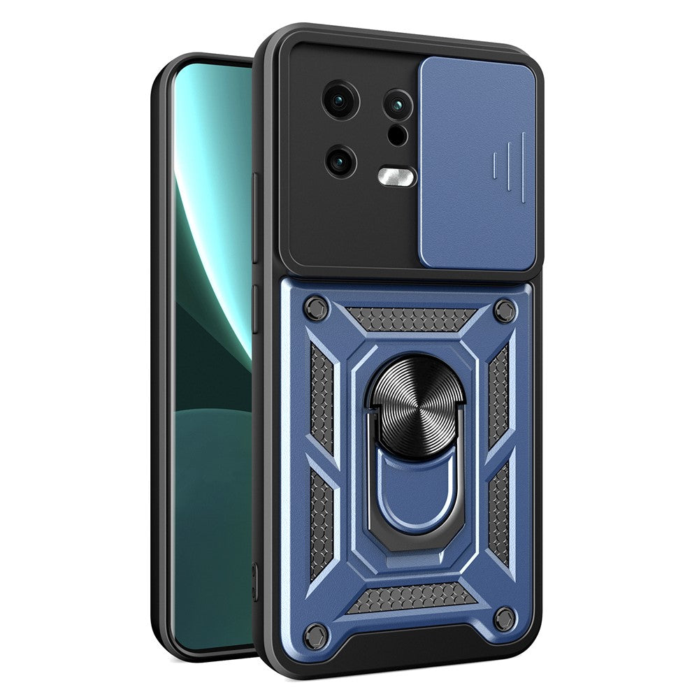 For Xiaomi 13 5G Ring Holder Kickstand PC + TPU Hybrid Case Anti-drop Phone Cover with Slide Camera Protection
