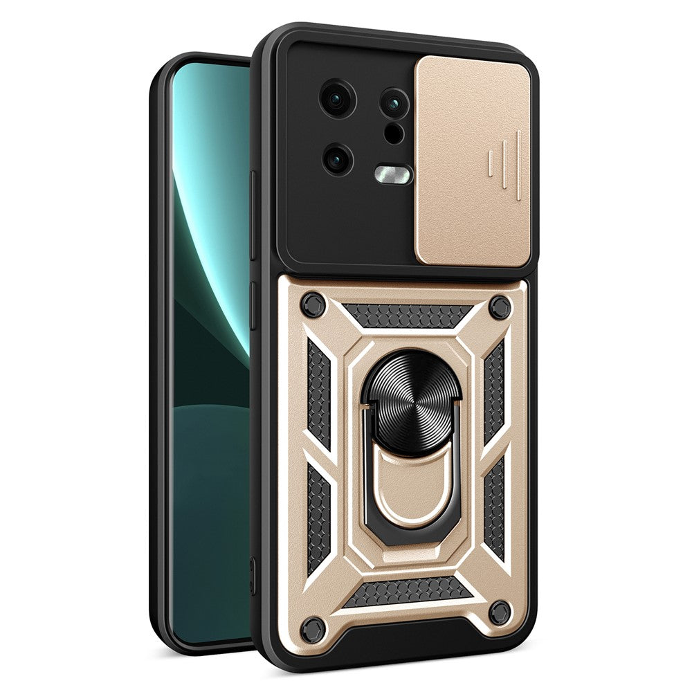 For Xiaomi 13 5G Ring Holder Kickstand PC + TPU Hybrid Case Anti-drop Phone Cover with Slide Camera Protection