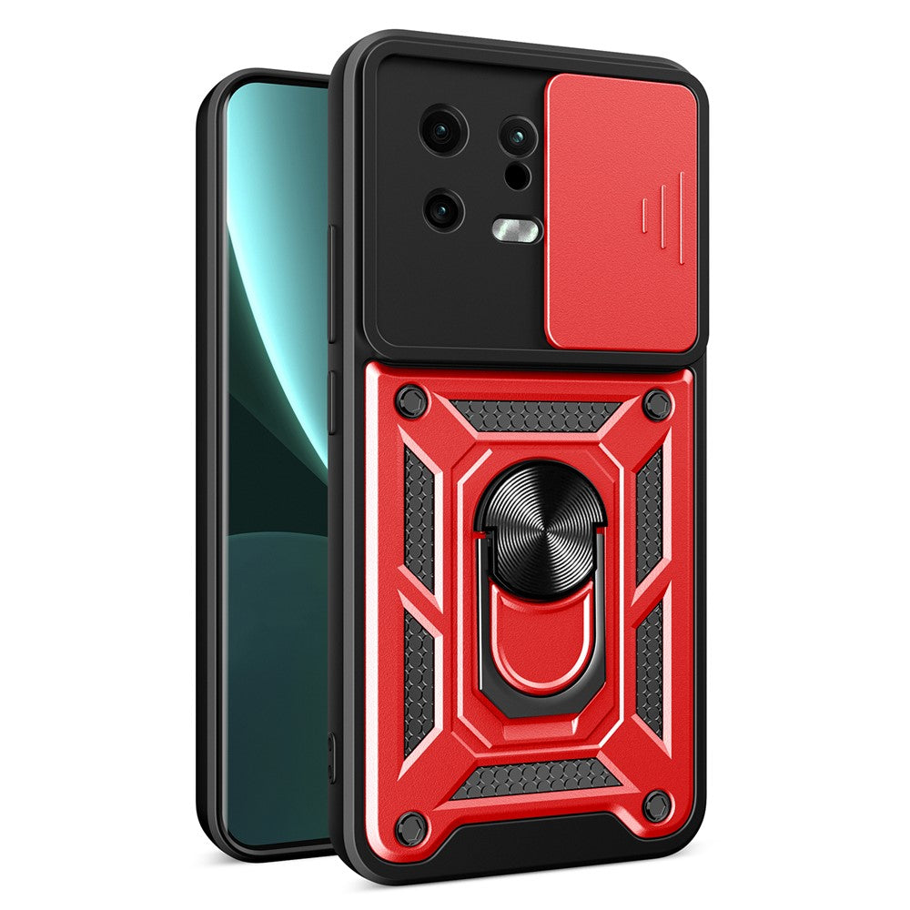 For Xiaomi 13 5G Ring Holder Kickstand PC + TPU Hybrid Case Anti-drop Phone Cover with Slide Camera Protection