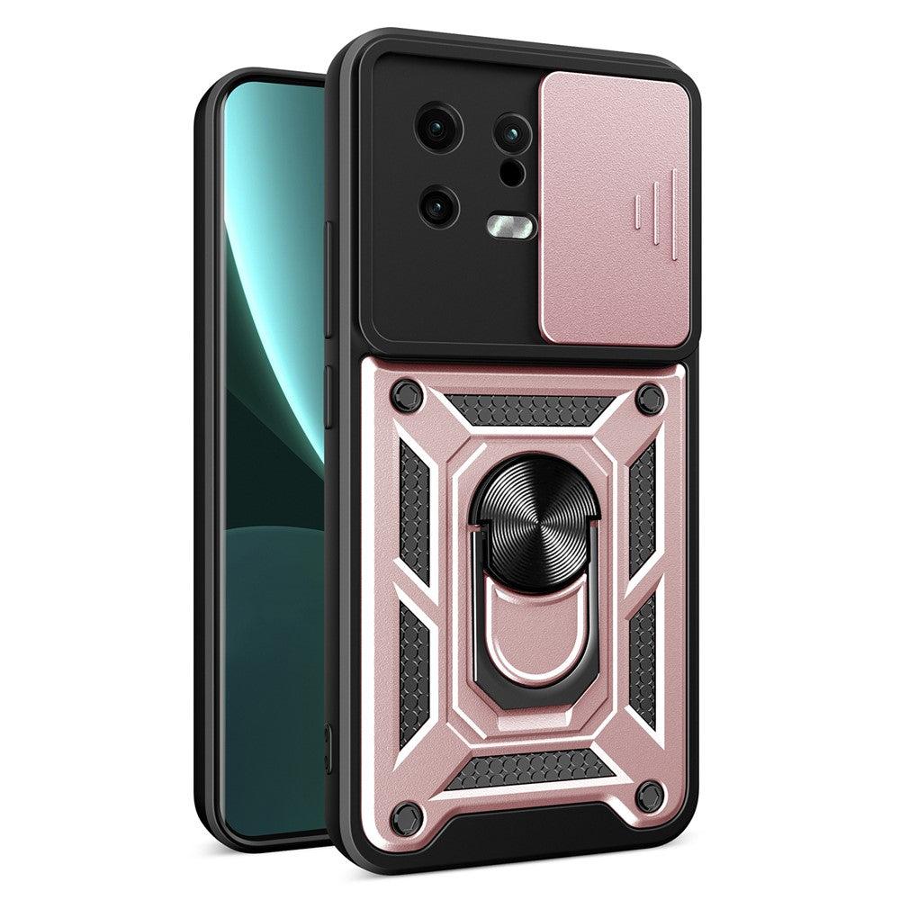 For Xiaomi 13 5G Ring Holder Kickstand PC + TPU Hybrid Case Anti-drop Phone Cover with Slide Camera Protection