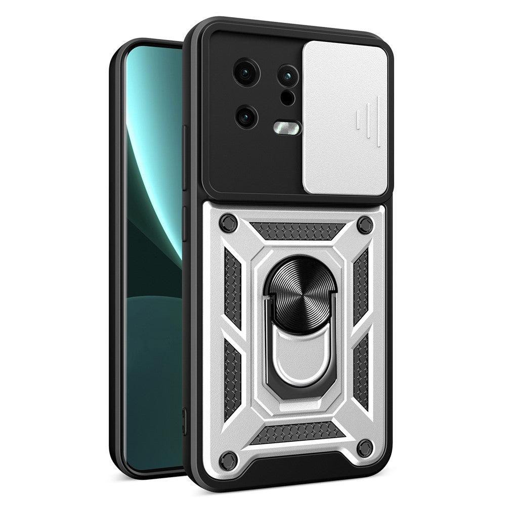 For Xiaomi 13 5G Ring Holder Kickstand PC + TPU Hybrid Case Anti-drop Phone Cover with Slide Camera Protection