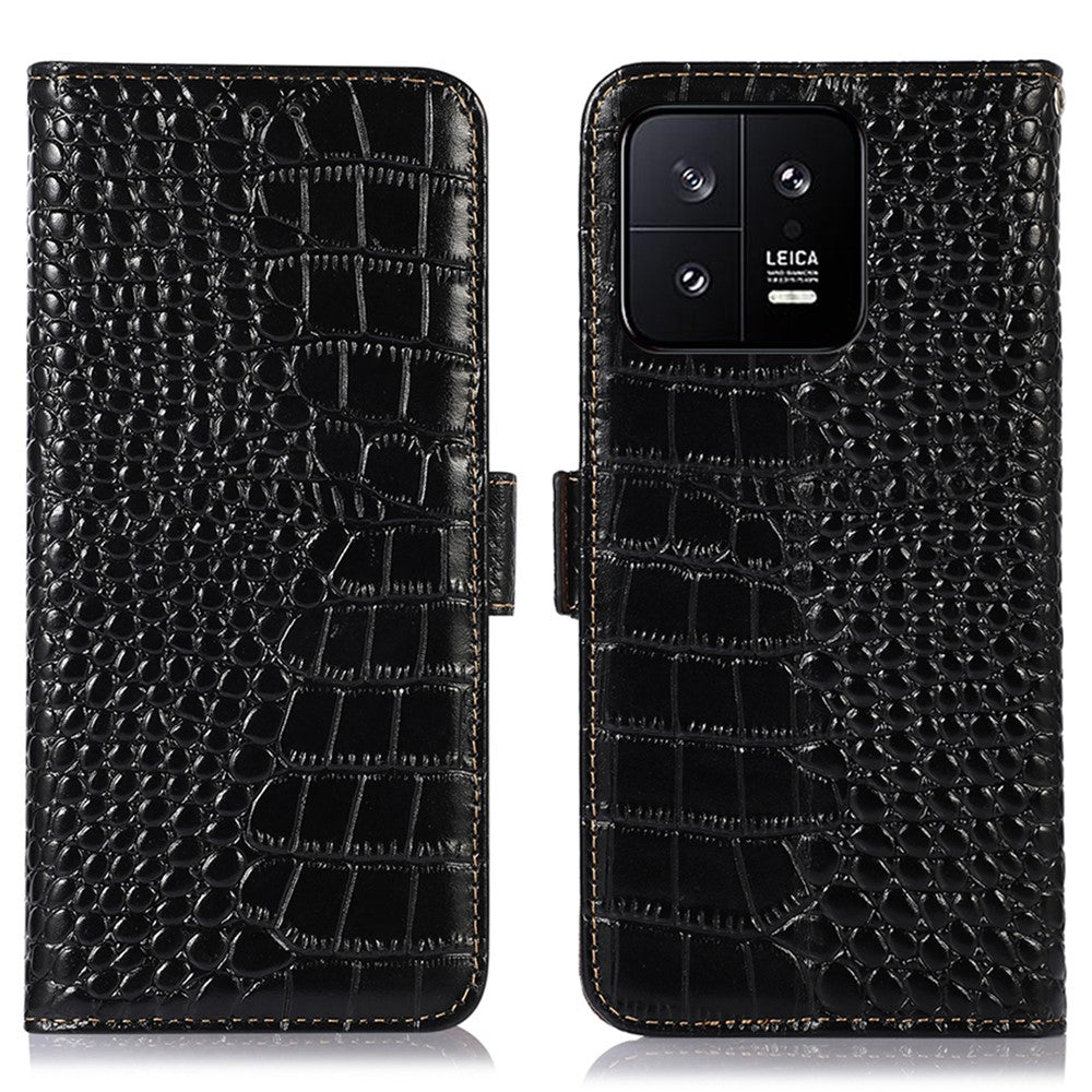RFID Blocking Phone Case For Xiaomi 13 5G, Foldable Stand Crocodile Texture Genuine Cowhide Leather Flip Wallet Cell Phone Cover