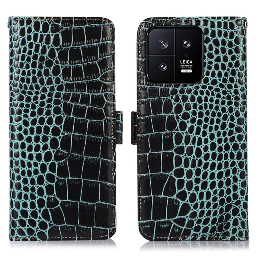 RFID Blocking Phone Case For Xiaomi 13 5G, Foldable Stand Crocodile Texture Genuine Cowhide Leather Flip Wallet Cell Phone Cover