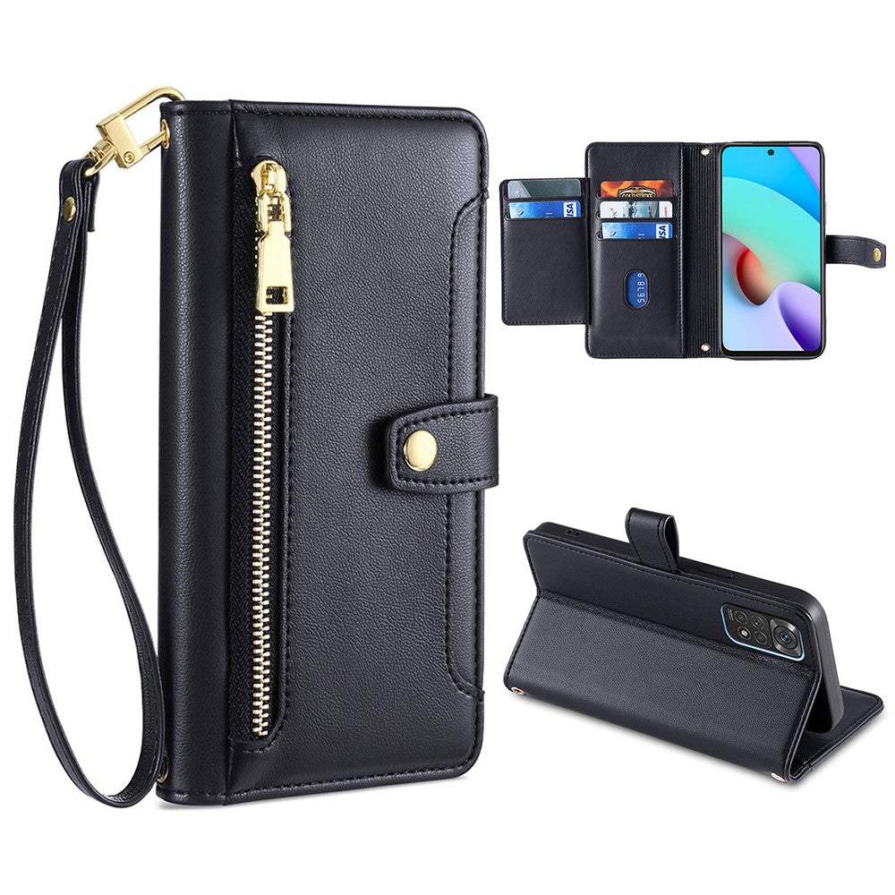 For Xiaomi Redmi Note 11 4G (Qualcomm) / Note 11S 4G PU Leather Stand Case Zipper Pocket Phone Cover with Wrist Strap and Shoulder Strap