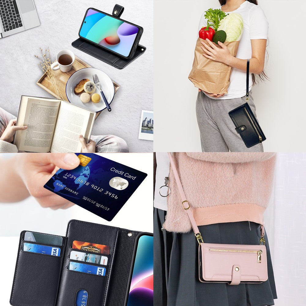 For Xiaomi Redmi Note 11 4G (Qualcomm) / Note 11S 4G PU Leather Stand Case Zipper Pocket Phone Cover with Wrist Strap and Shoulder Strap