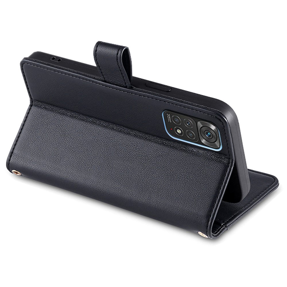 For Xiaomi Redmi Note 11 4G (Qualcomm) / Note 11S 4G PU Leather Stand Case Zipper Pocket Phone Cover with Wrist Strap and Shoulder Strap