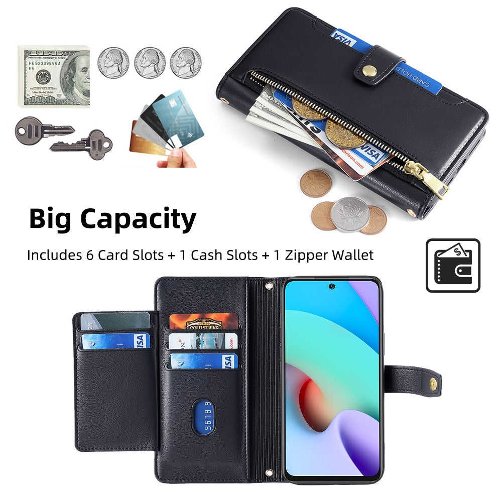 For Xiaomi Redmi Note 11 4G (Qualcomm) / Note 11S 4G PU Leather Stand Case Zipper Pocket Phone Cover with Wrist Strap and Shoulder Strap