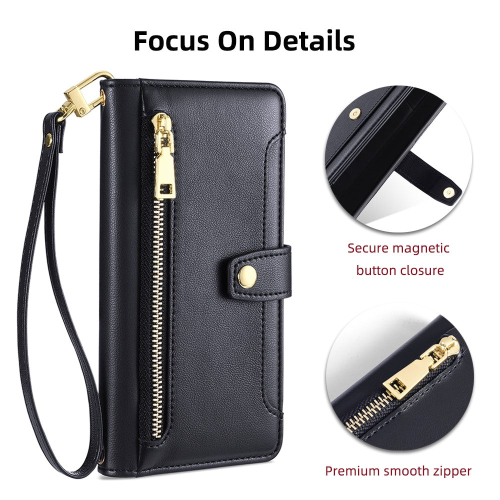 For Xiaomi Redmi Note 11 4G (Qualcomm) / Note 11S 4G PU Leather Stand Case Zipper Pocket Phone Cover with Wrist Strap and Shoulder Strap