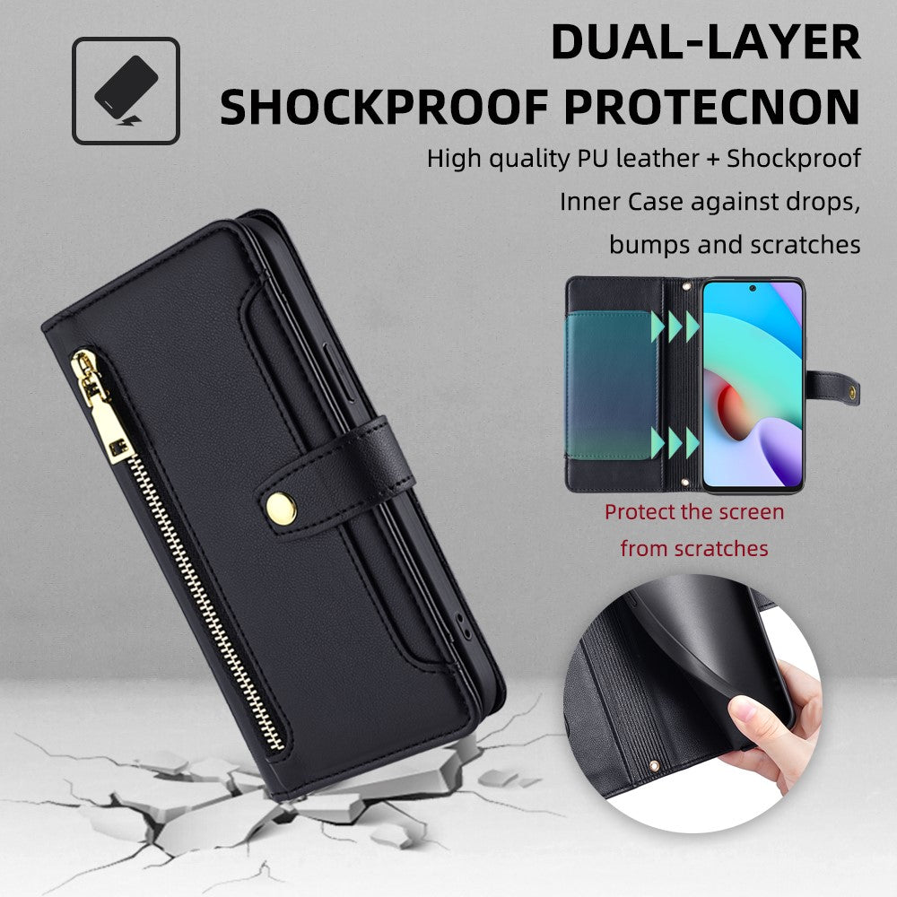 For Xiaomi Redmi Note 11 4G (Qualcomm) / Note 11S 4G PU Leather Stand Case Zipper Pocket Phone Cover with Wrist Strap and Shoulder Strap
