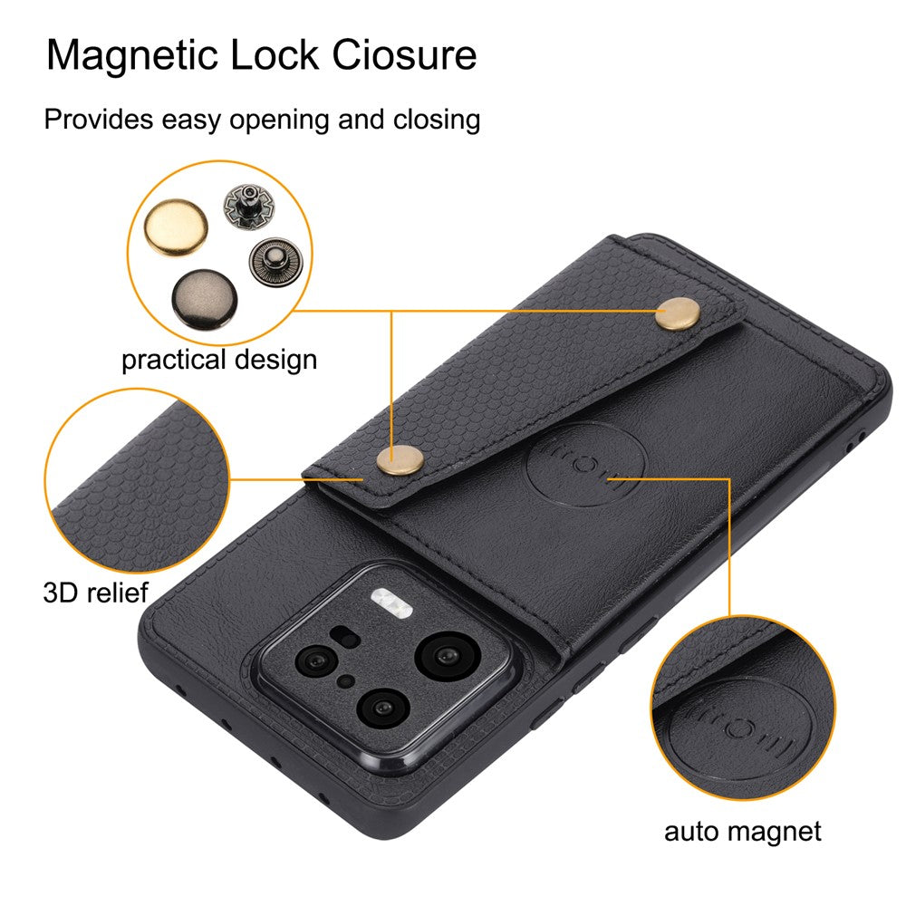 Dual Button Card Slots Case for Xiaomi 13 Pro 5G, Kickstand Car Mount Metal Sheet Anti-scratch Leather Coated TPU Back Cover
