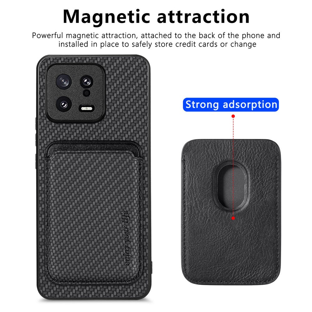 Detachable Card Holder Case for Xiaomi 13 5G, Carbon Fiber Texture Anti-scratch Cell Phone Cover
