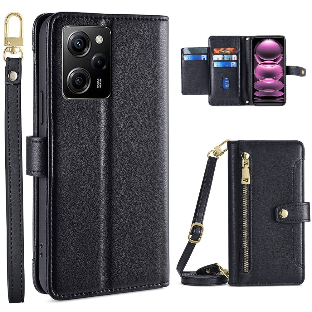 For Xiaomi Redmi Note 12 Pro Speed 5G / Note 12 Pro 5G / Poco X5 Pro 5G Zipper Pocket Phone Stand Case Leather Phone Cover with Straps