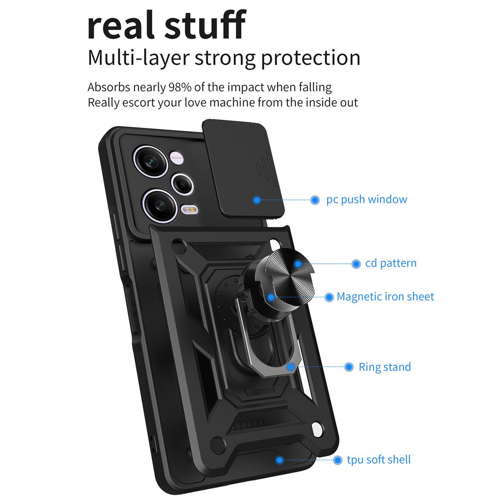 For Xiaomi Redmi Note 12 Pro 5G Kickstand PC + TPU Phone Case Slide Push Pull Camera Lens Protection Cover