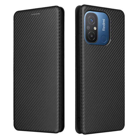 For Xiaomi Redmi 12C 4G Phone Case Card Holder Magnetic Auto-absorbed Carbon Fiber Texture Flip Leather Cover Stand