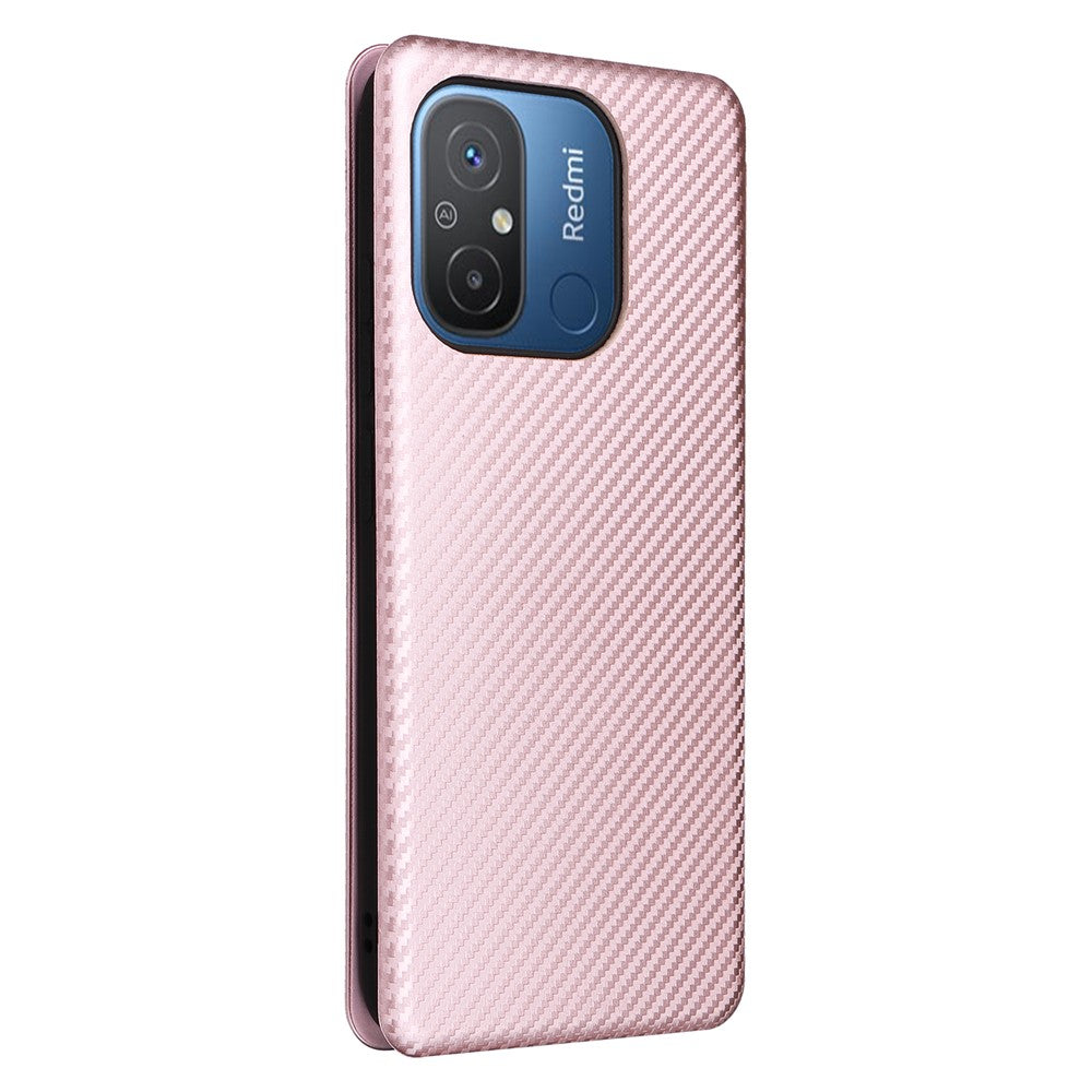 For Xiaomi Redmi 12C 4G Phone Case Card Holder Magnetic Auto-absorbed Carbon Fiber Texture Flip Leather Cover Stand