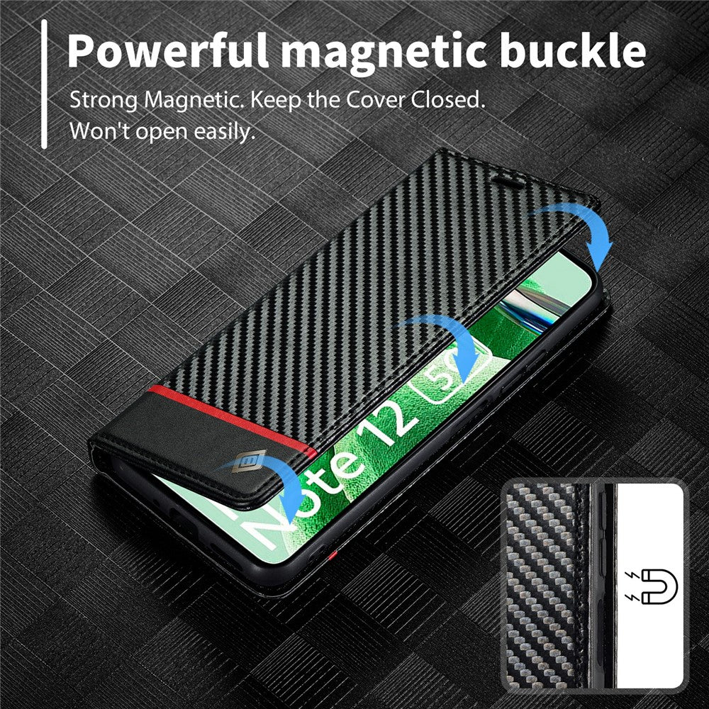 LC.IMEEKE For Xiaomi Poco X5 5G / Redmi Note 12 5G (Global) / (India) / (China) Carbon Fiber Texture Shockproof Phone Case Leather Stand Wallet Cover