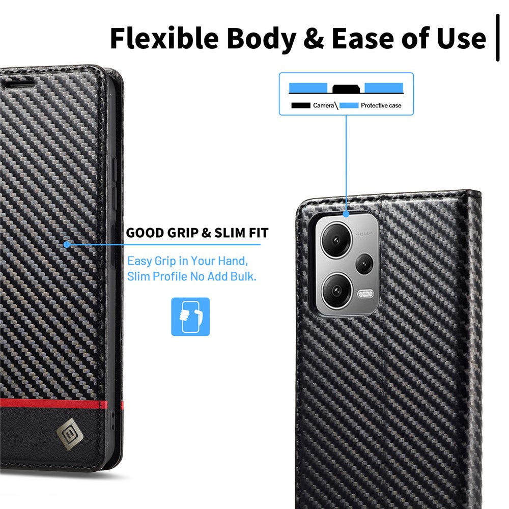 LC.IMEEKE For Xiaomi Poco X5 5G / Redmi Note 12 5G (Global) / (India) / (China) Carbon Fiber Texture Shockproof Phone Case Leather Stand Wallet Cover