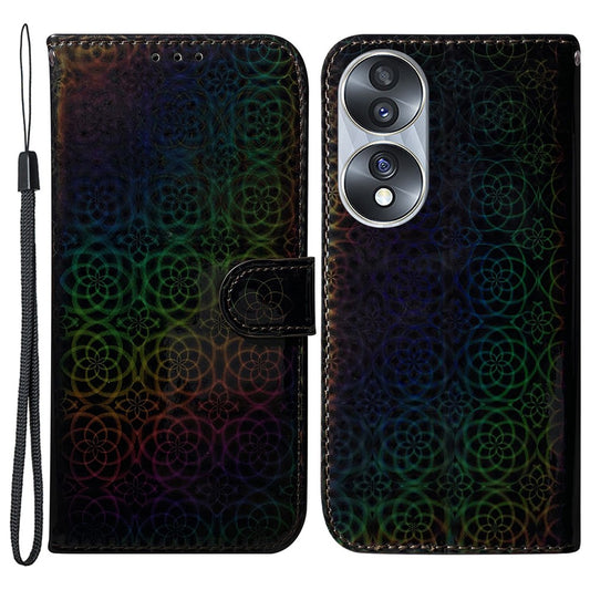 Honor 70 5G Handyhülle – PU-Leder mit schillerndem Blumenmuster, stoßfeste mit Ständer und Riemen