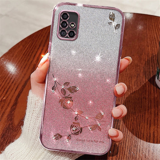 Galaxy A51 5G Glitzerhülle – Blüten-Design mit Strass, Farbverlauf & flexibler Schutz