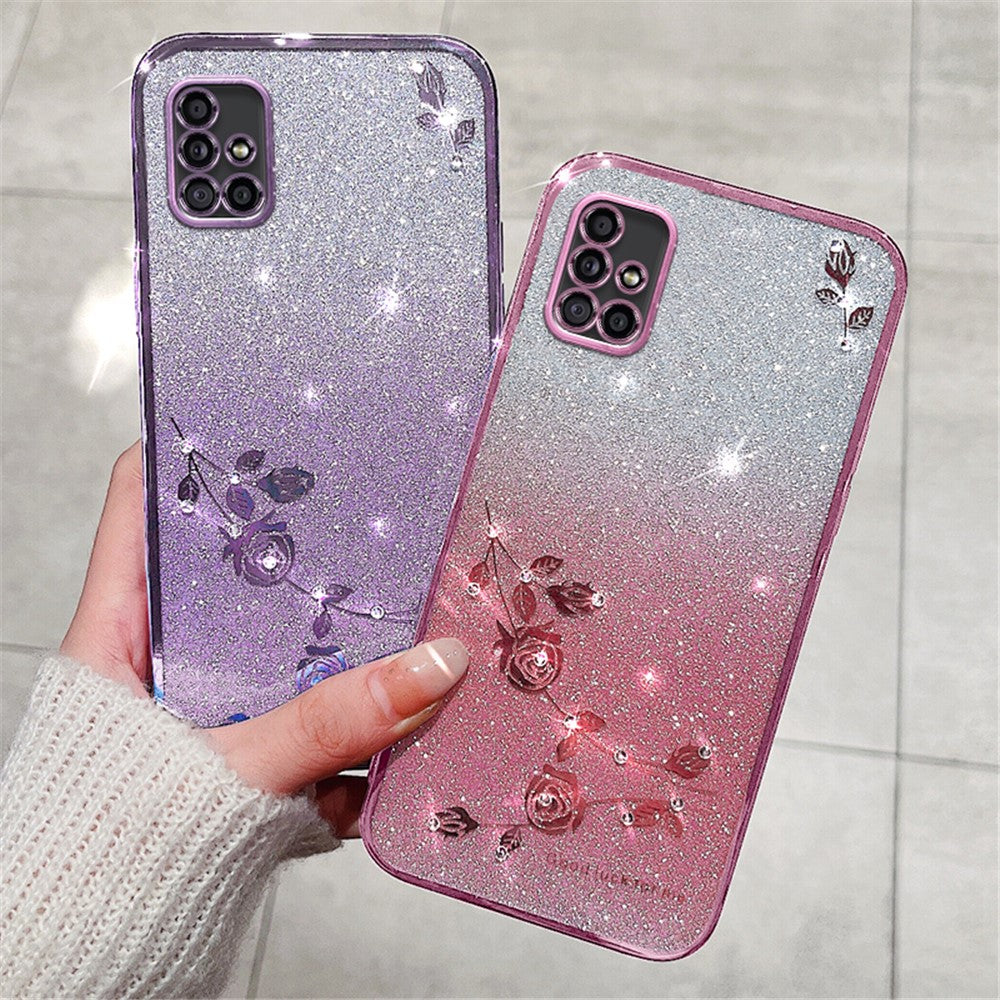 Galaxy A51 5G Glitzerhülle – Blüten-Design mit Strass, Farbverlauf & flexibler Schutz
