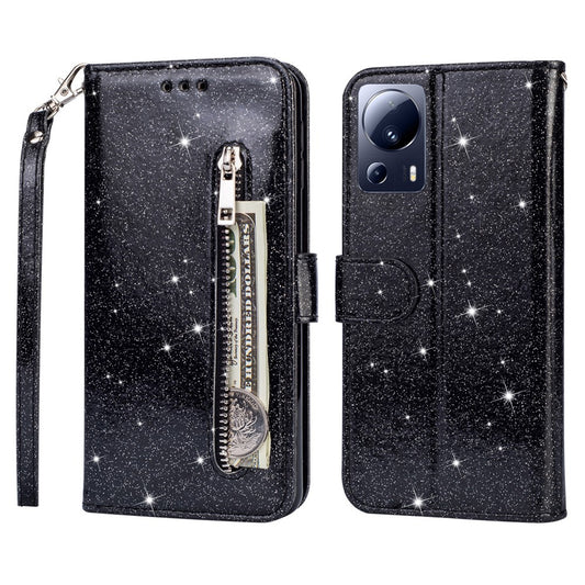 Xiaomi Civi 2 5G / Xiaomi 13 Lite Handyhülle – Civi 2 5G glitzernde Leder-Handy-Ständerhülle mit Reißverschluss, Brieftaschen