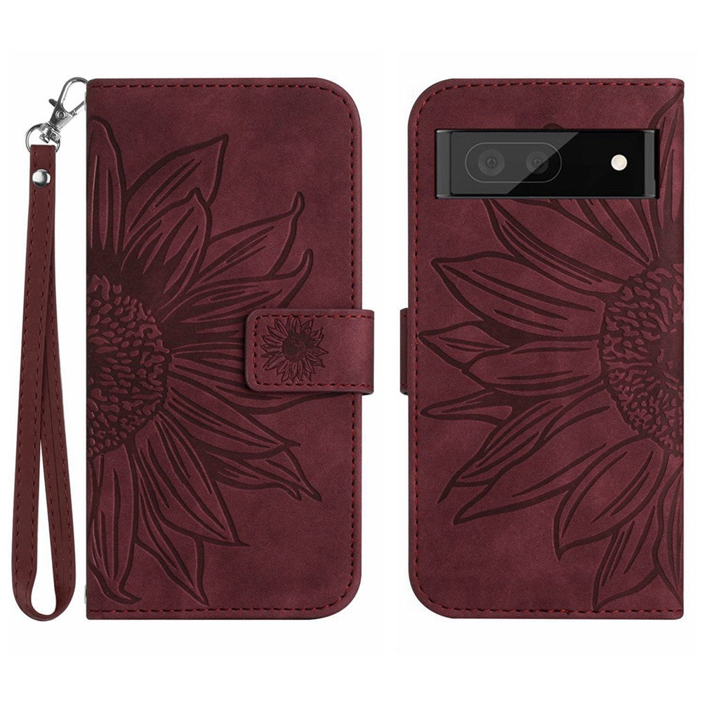 Pixel 7a Wallet-Hülle – Sonnenblume aufgedruckt, mit Ständer & Riemen
