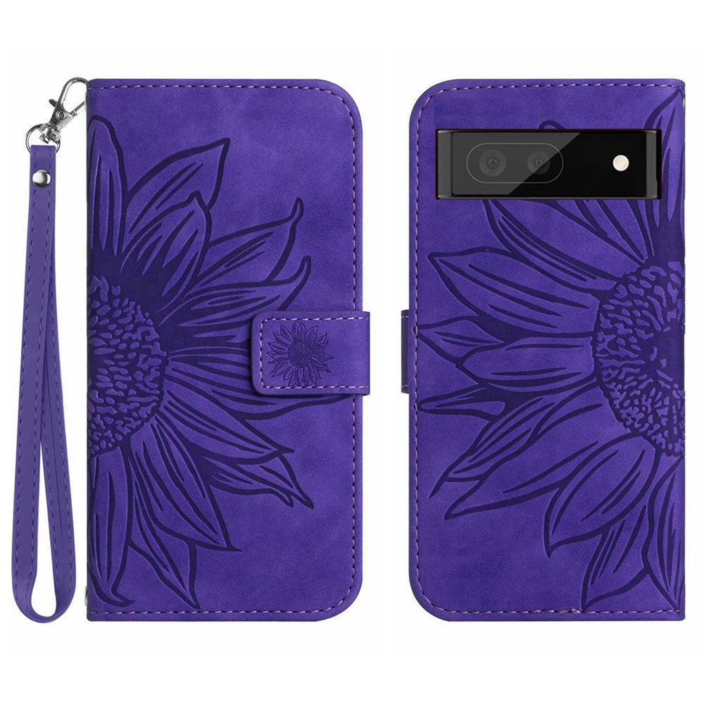 Pixel 7a Wallet-Hülle – Sonnenblume aufgedruckt, mit Ständer & Riemen