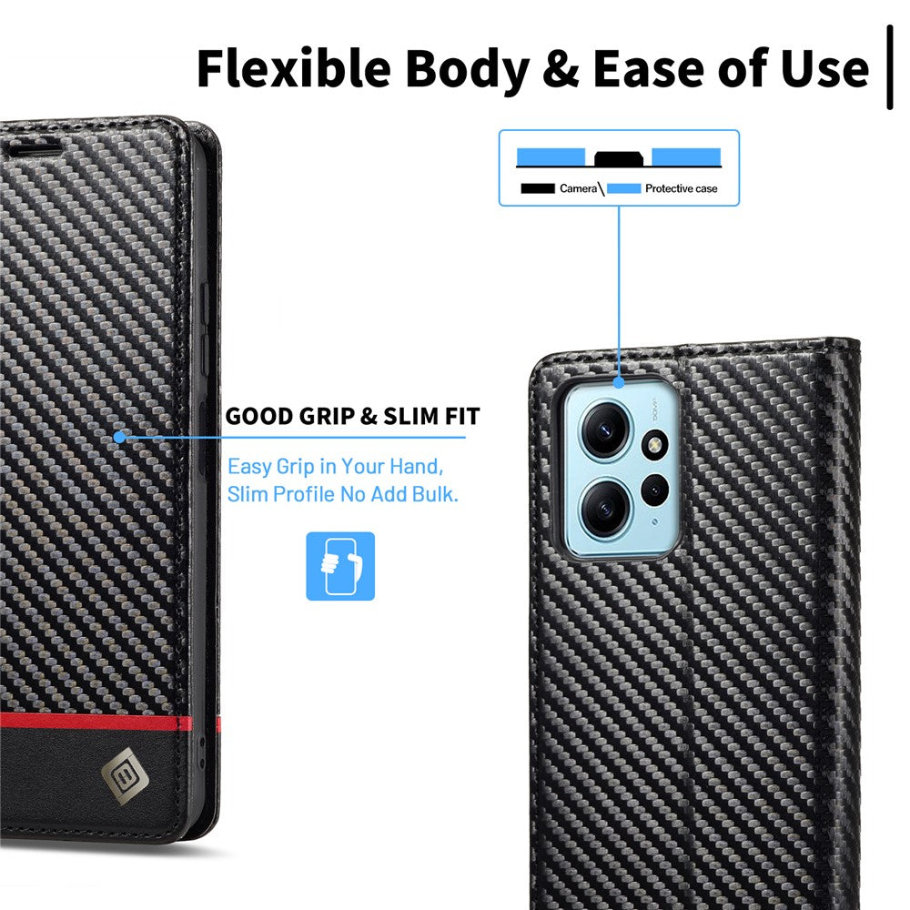 LC.IMEEKE For Xiaomi Redmi Note 12 4G Leather Phone Case Carbon Fiber Texture Phone Wallet Stand Cover